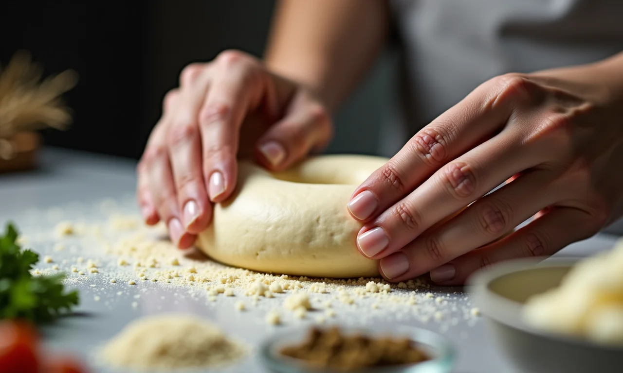 Mãos preparando massa de chipa com polvilho.