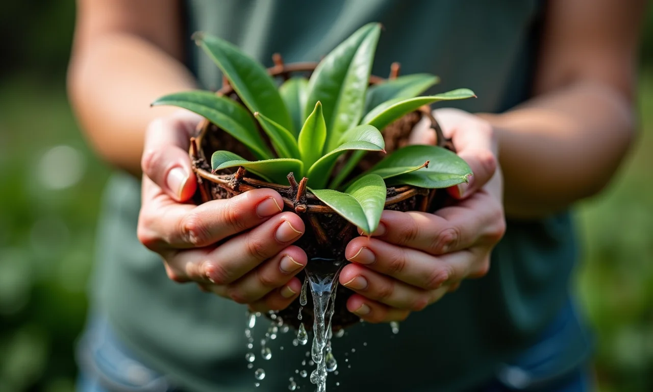 Mãos regando cuidadosamente a Coroa de Cristo, gotas de água nas folhas.