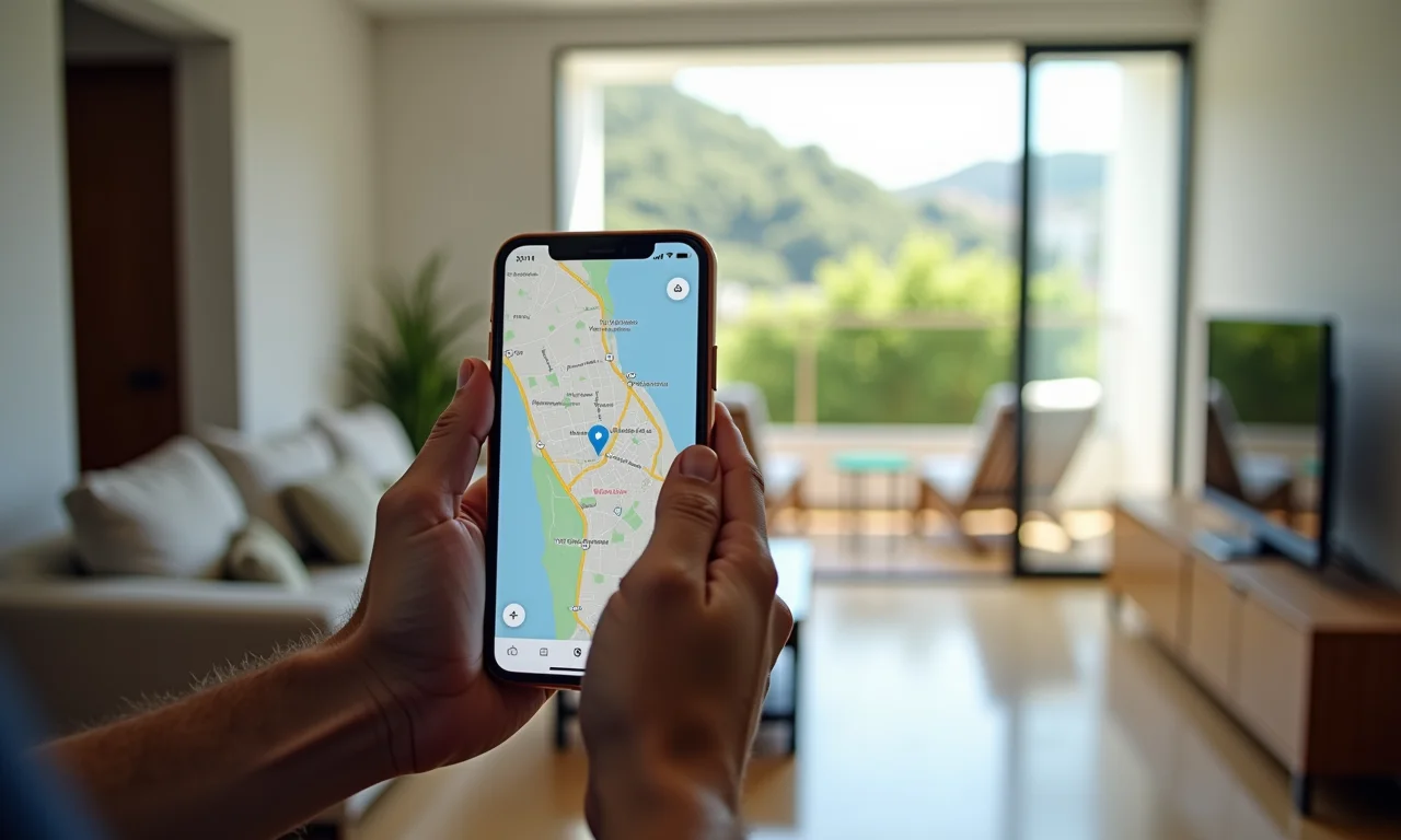 Mãos segurando iPhone mostrando Apple Maps em apartamento no Rio.