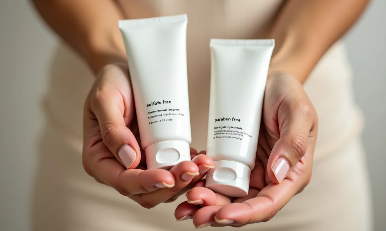 Mãos segurando produtos com rótulos 'livre de sulfatos' e 'livre de parabenos'.