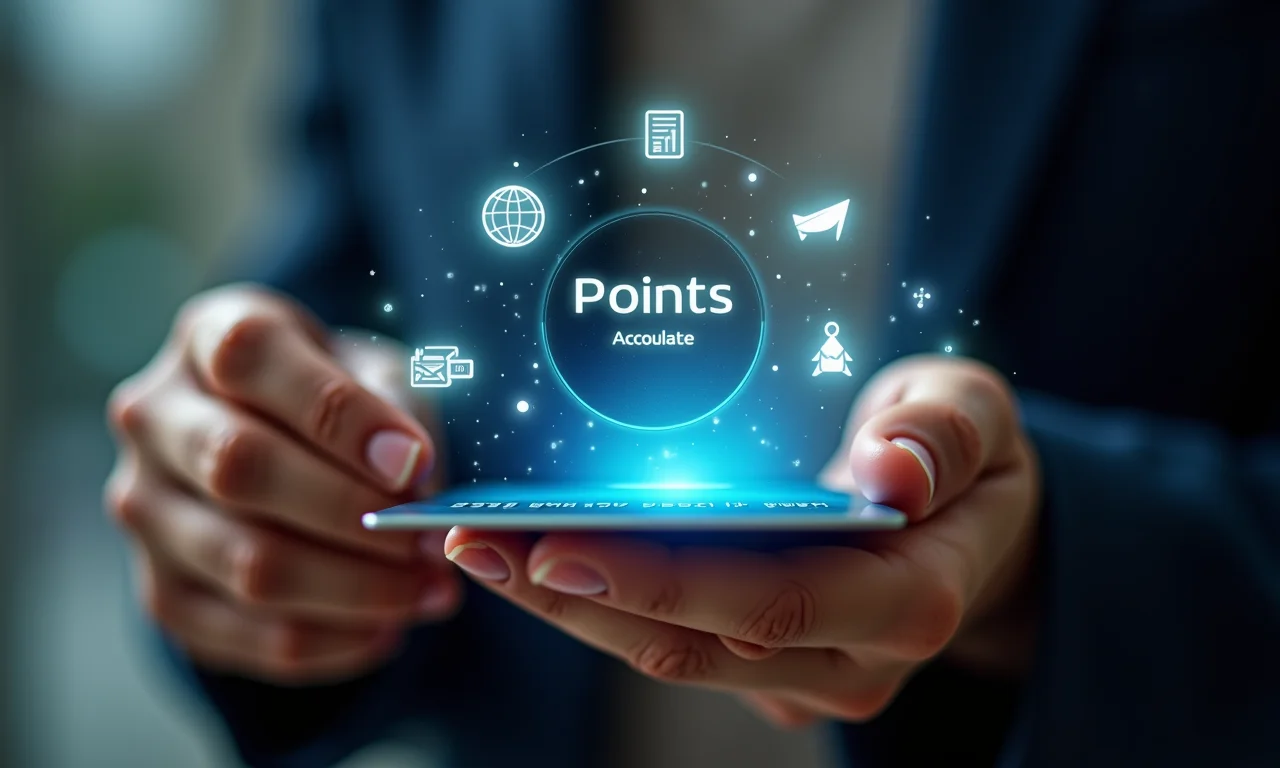 Mãos segurando um cartão de crédito com tela digital mostrando acúmulo de pontos.