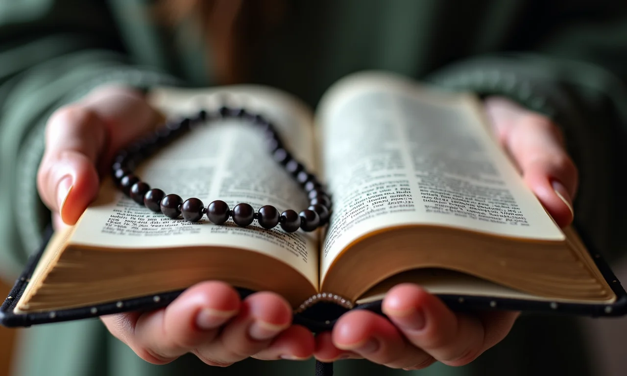 Mãos segurando um rosário e um livro de orações protestante.