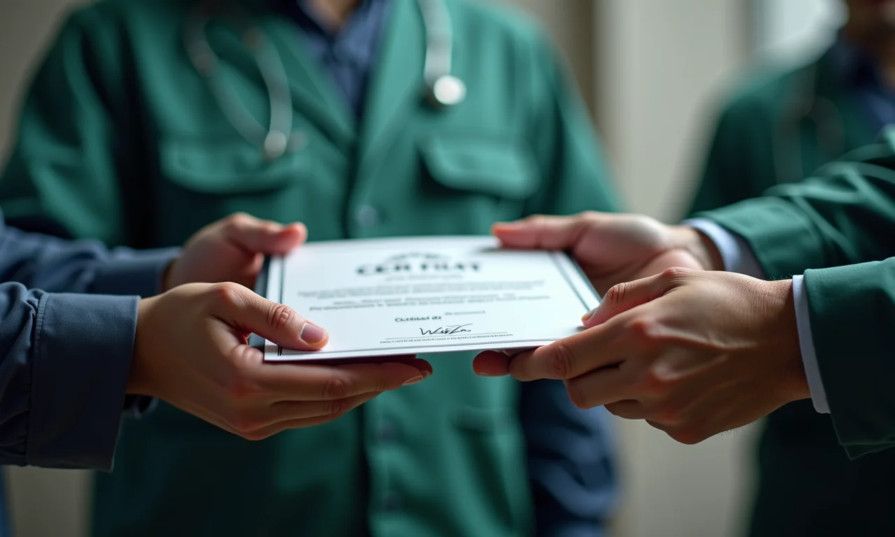 Mãos trocando certificado de curso profissionalizante em prisão.