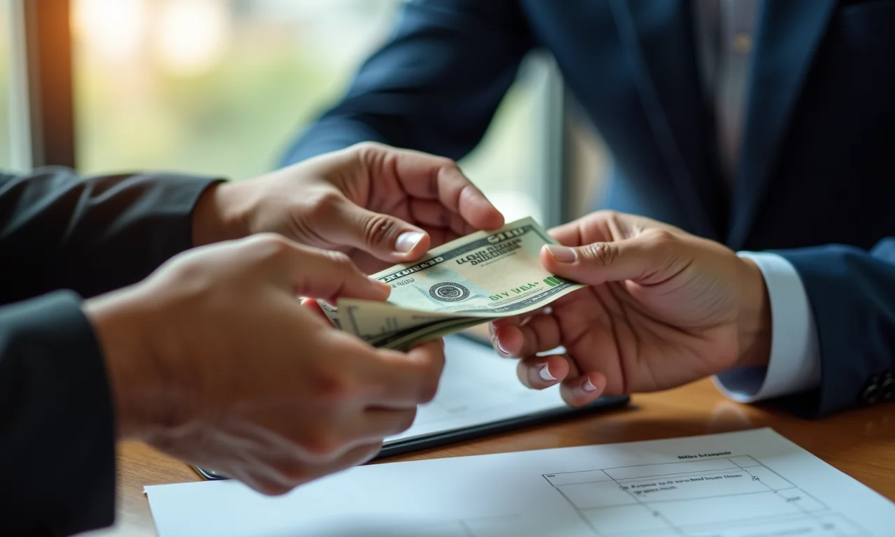 Mãos trocando dinheiro durante consulta jurídica, representando honorários advocatícios.