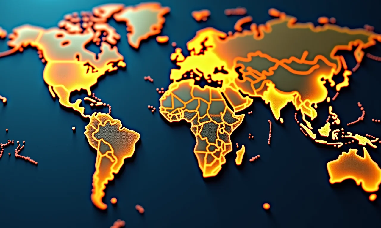 Mapa global com ícones de ouro destacando centros financeiros, representando liquidez global.