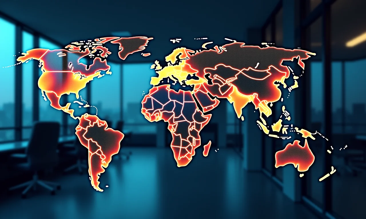 Mapa global conectando talentos diversos em escritório moderno.