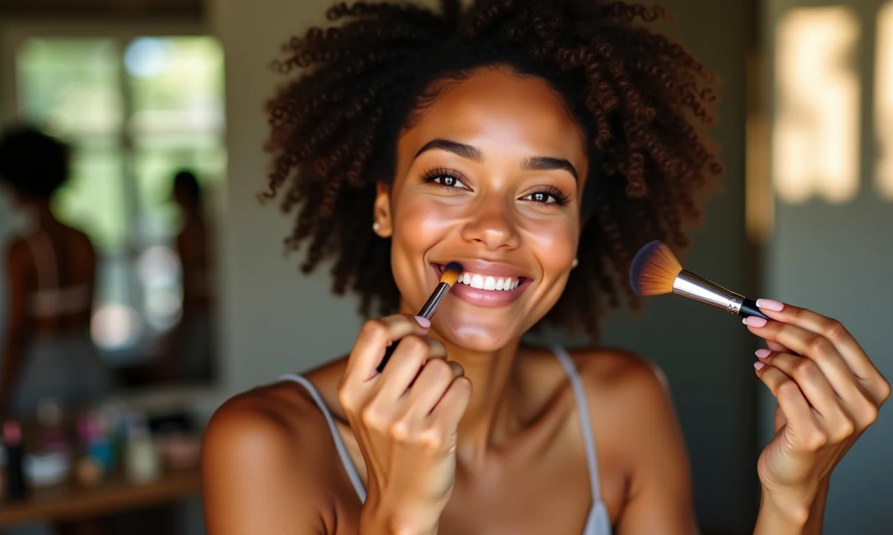 Maquiagem disfarçando manchas de sol na pele.