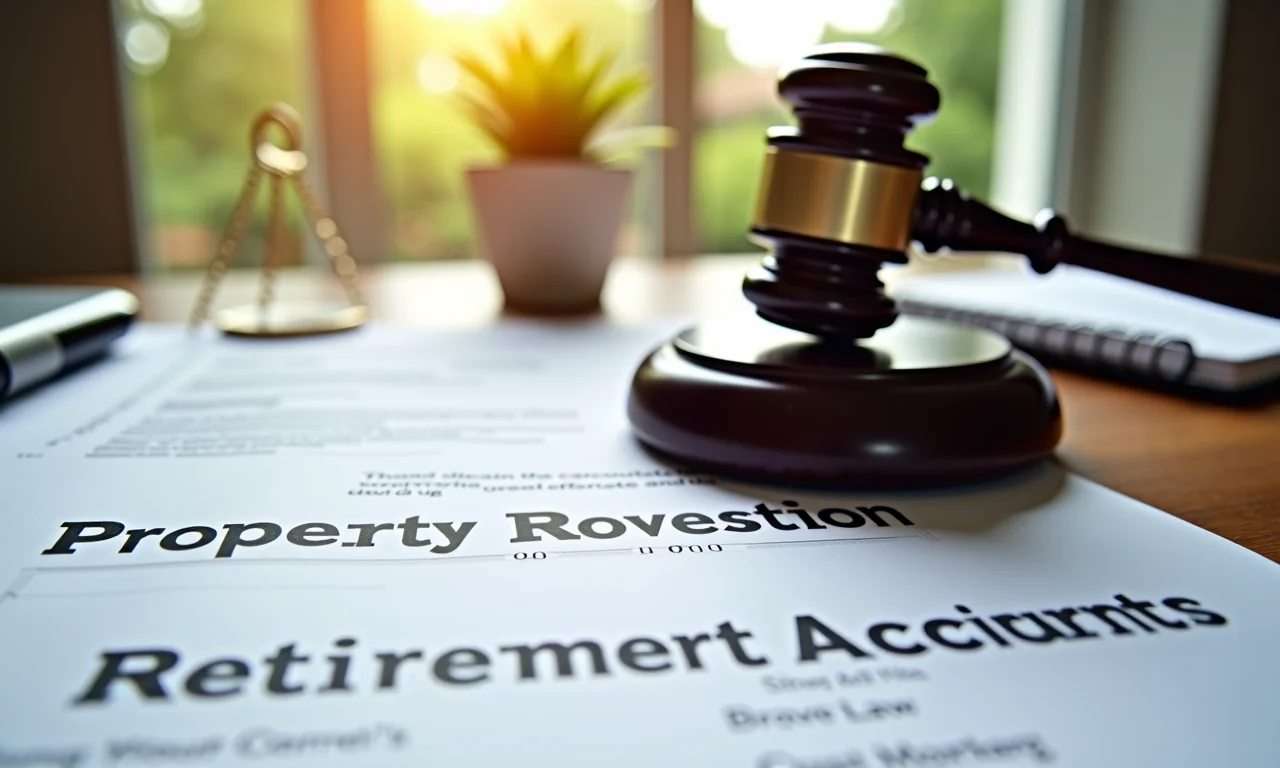 Martelo de juiz ao lado de documentos sobre divisão de bens e aposentadoria.