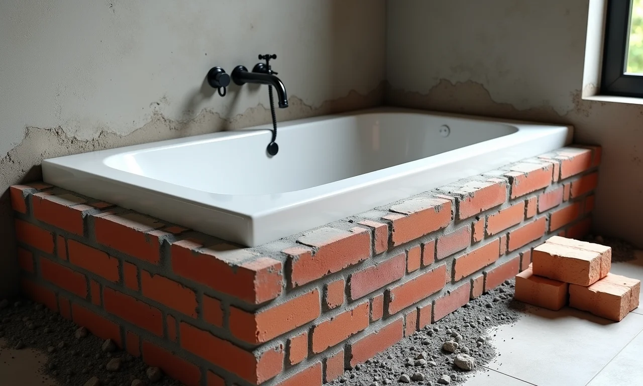 Materiais essenciais para construir uma banheira de alvenaria: tijolos, cimento e membrana impermeabilizante.