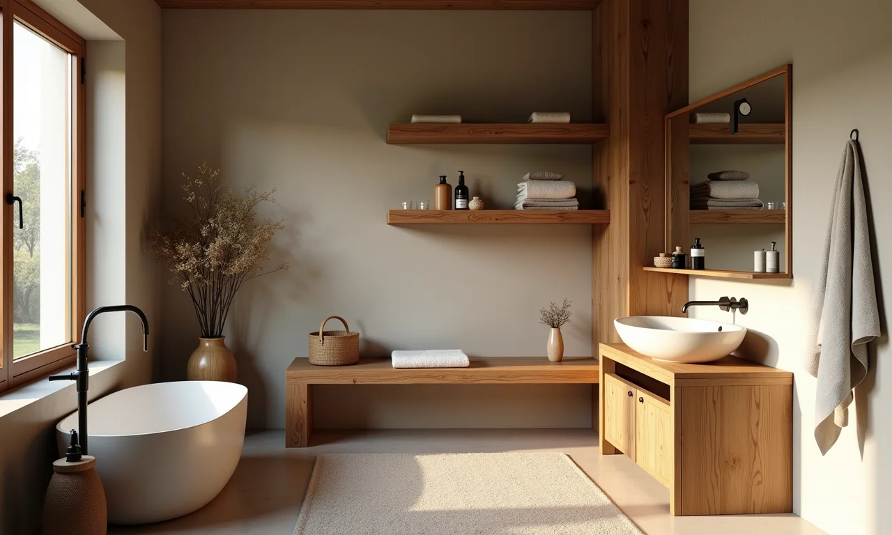 Materiais naturais em um banheiro decorado para um spa em casa.