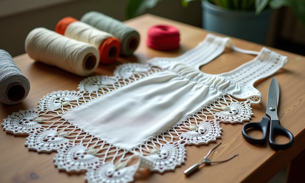 Materiais necessários para fazer um colete de renda dispostos sobre uma mesa de madeira.