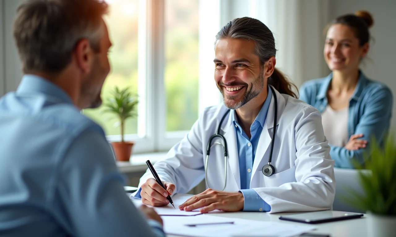 Médico escrevendo encaminhamento para especialista durante consulta.