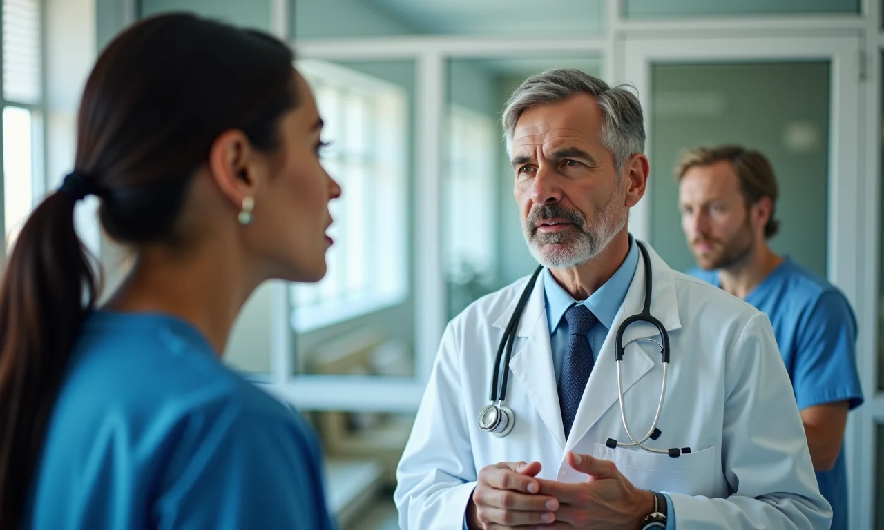 Médico explicando a necessidade de internação na UTI para um familiar.