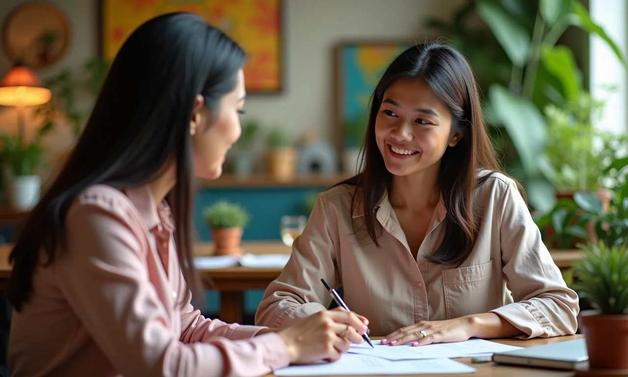 Mentora guiando empreendedora em plano de negócios com decoração brasileira vibrante.