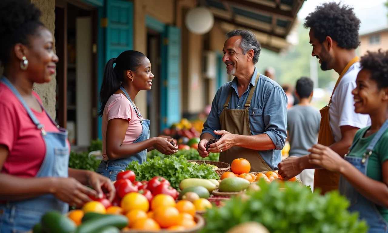 Mercado comunitário brasileiro representando fatores socioeconômicos e culturais.
