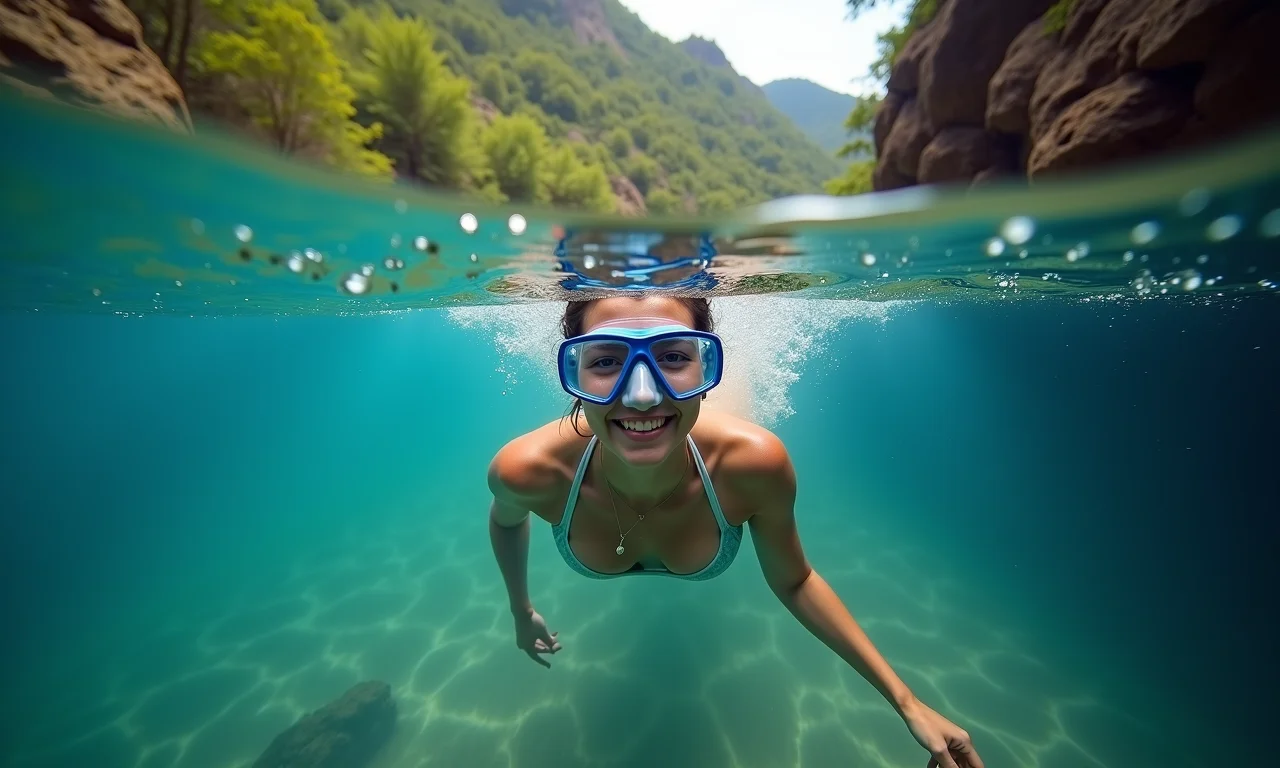 Mergulho em rio de águas cristalinas em Bonito, Mato Grosso do Sul.