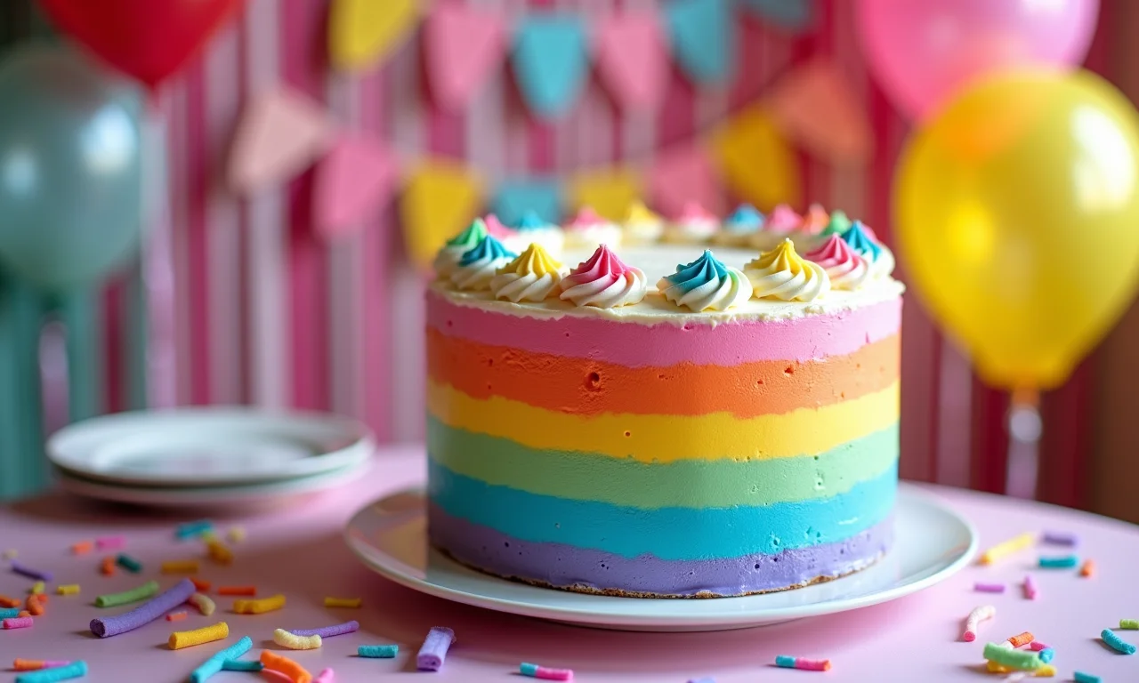Mesa de bolo decorada com um bolo arco-íris para festa Chuva de Amor.