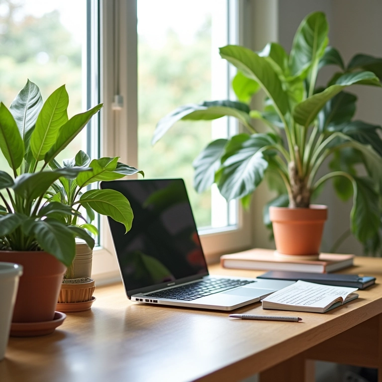 Mesa de estudo limpa e organizada com livros, laptop e plantas.