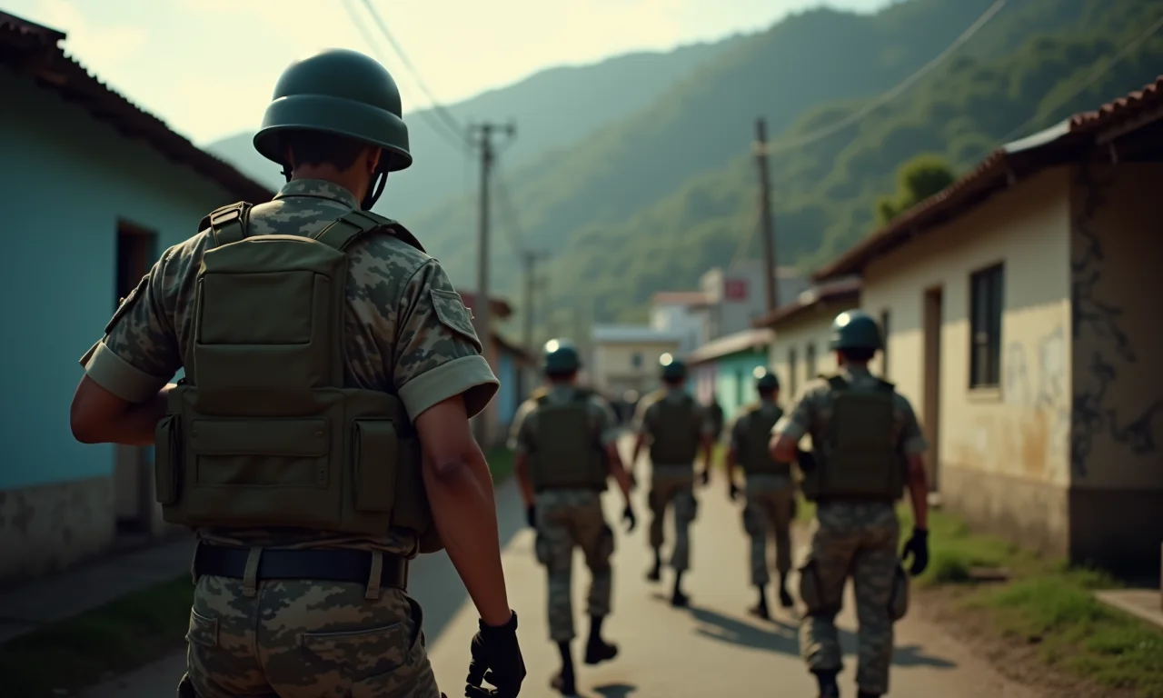 Militares em favela brasileira prestando auxílio à comunidade, simbolizando intervenção militar com foco social.