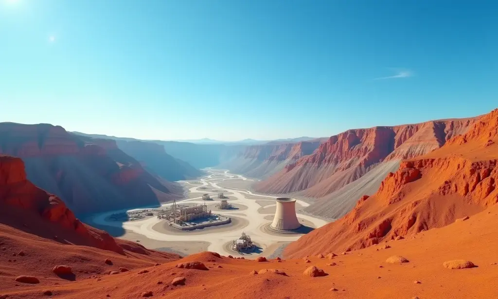 Mina de urânio sob céu azul, representando o futuro da energia.