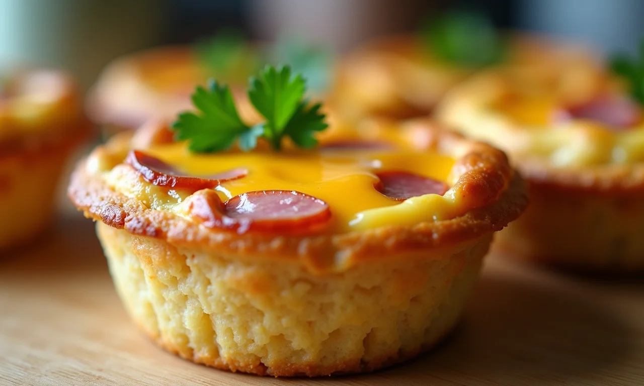 Mini quiche de queijo e presunto com detalhes apetitosos.