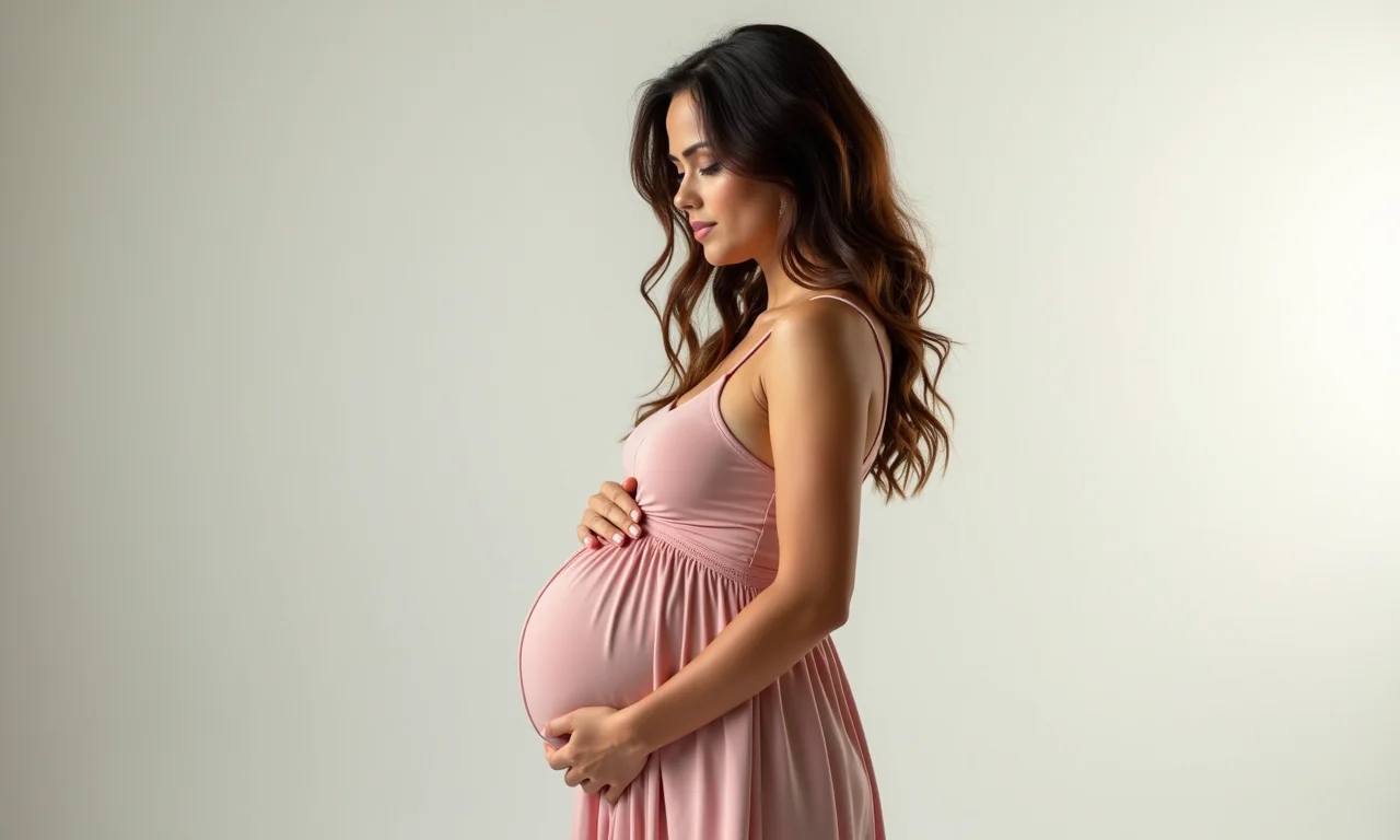 Modelo grávida com vestido império valorizando a silhueta.