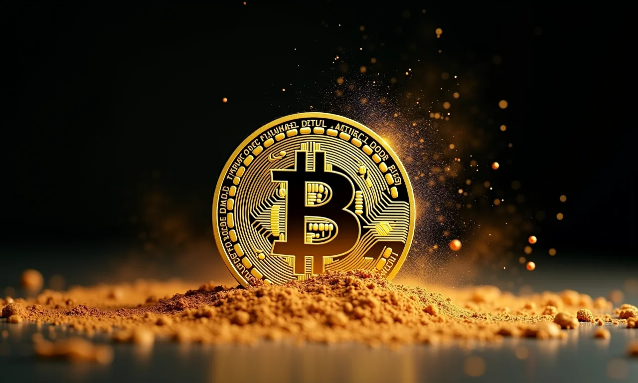 Moeda de ouro virando pó, representando a ilusão do dinheiro fácil.