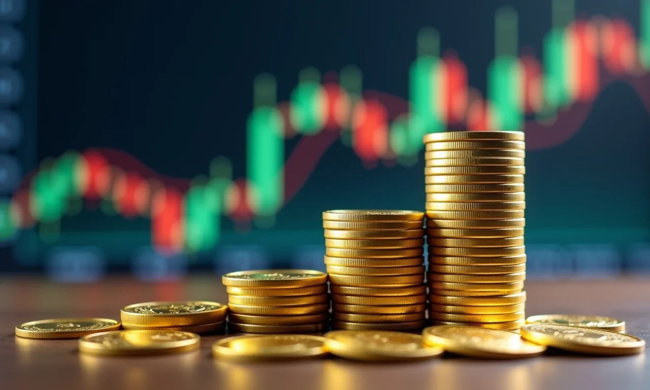 Moedas de ouro empilhadas com gráfico ascendente ao fundo, representando proteção contra a inflação.