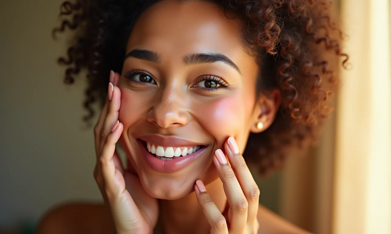 Morena sorrindo aplicando blush pêssego.