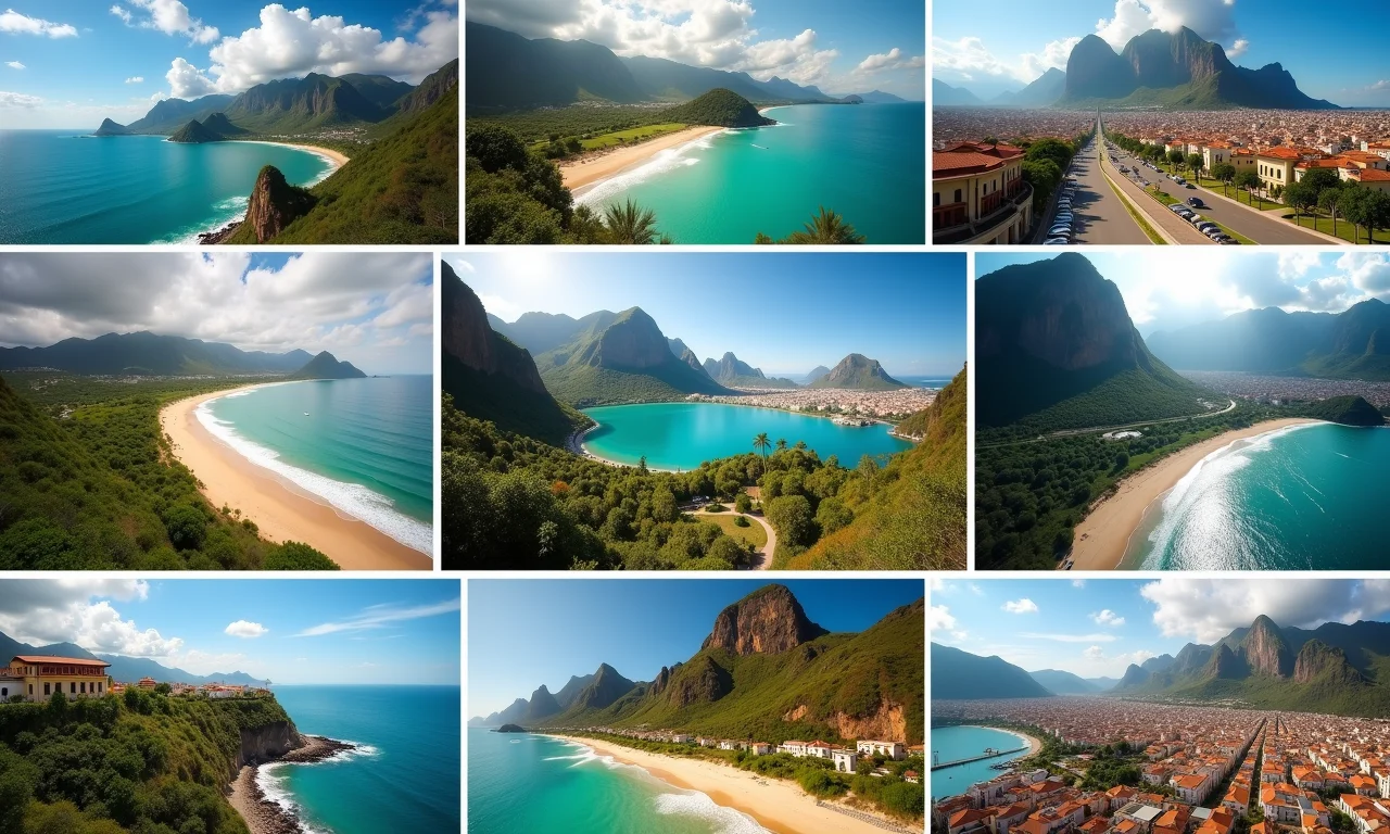 Mosaico de paisagens brasileiras e pratos típicos de roteiros temáticos.