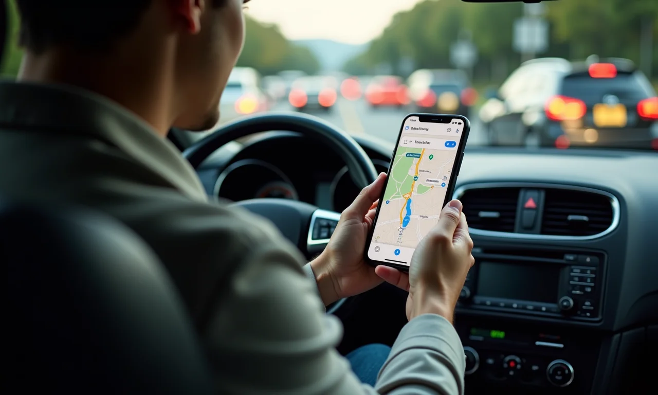 Motorista preso no trânsito usando Waze no celular.