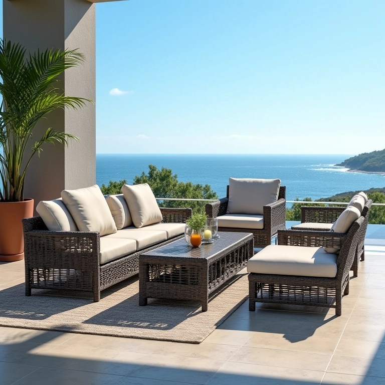 Móveis de fibra sintética resistindo ao sol e à chuva.