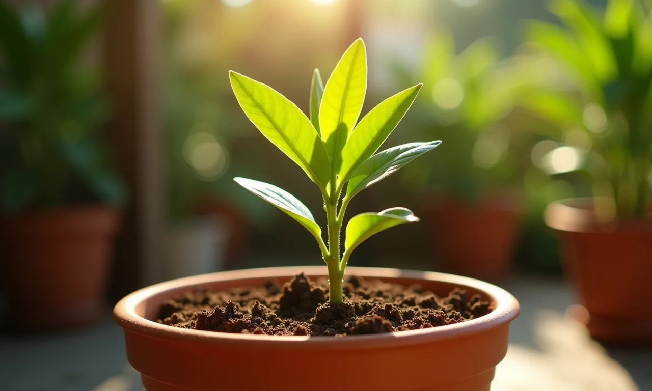 Muda de manga em vaso de barro.