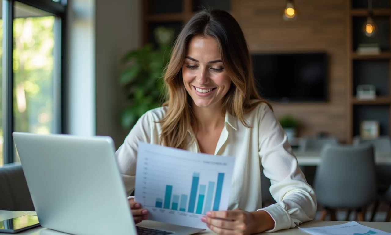 Mulher acompanha resultados financeiros no laptop.