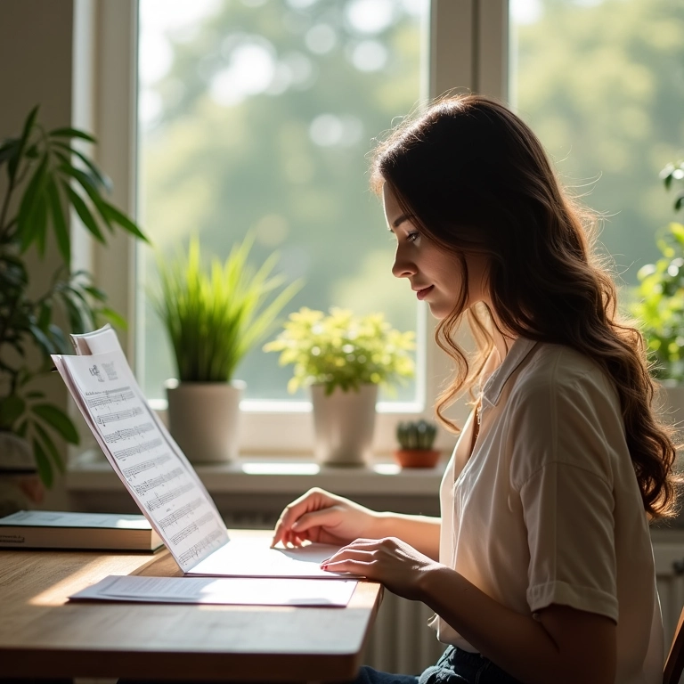 Mulher adulta estudando partitura em escritório ensolarado, foco na memória.