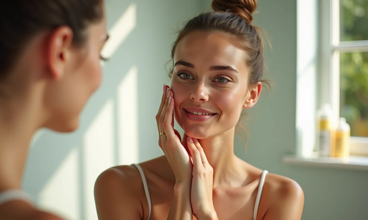Mulher analisando a pele no banheiro, focando na rotina de skincare.