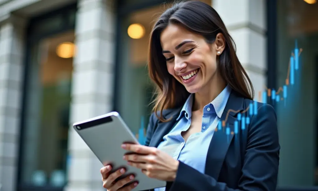 Ações de Bancos: São um Bom Investimento para 2025? Mulher analisando ações de bancos em tablet.