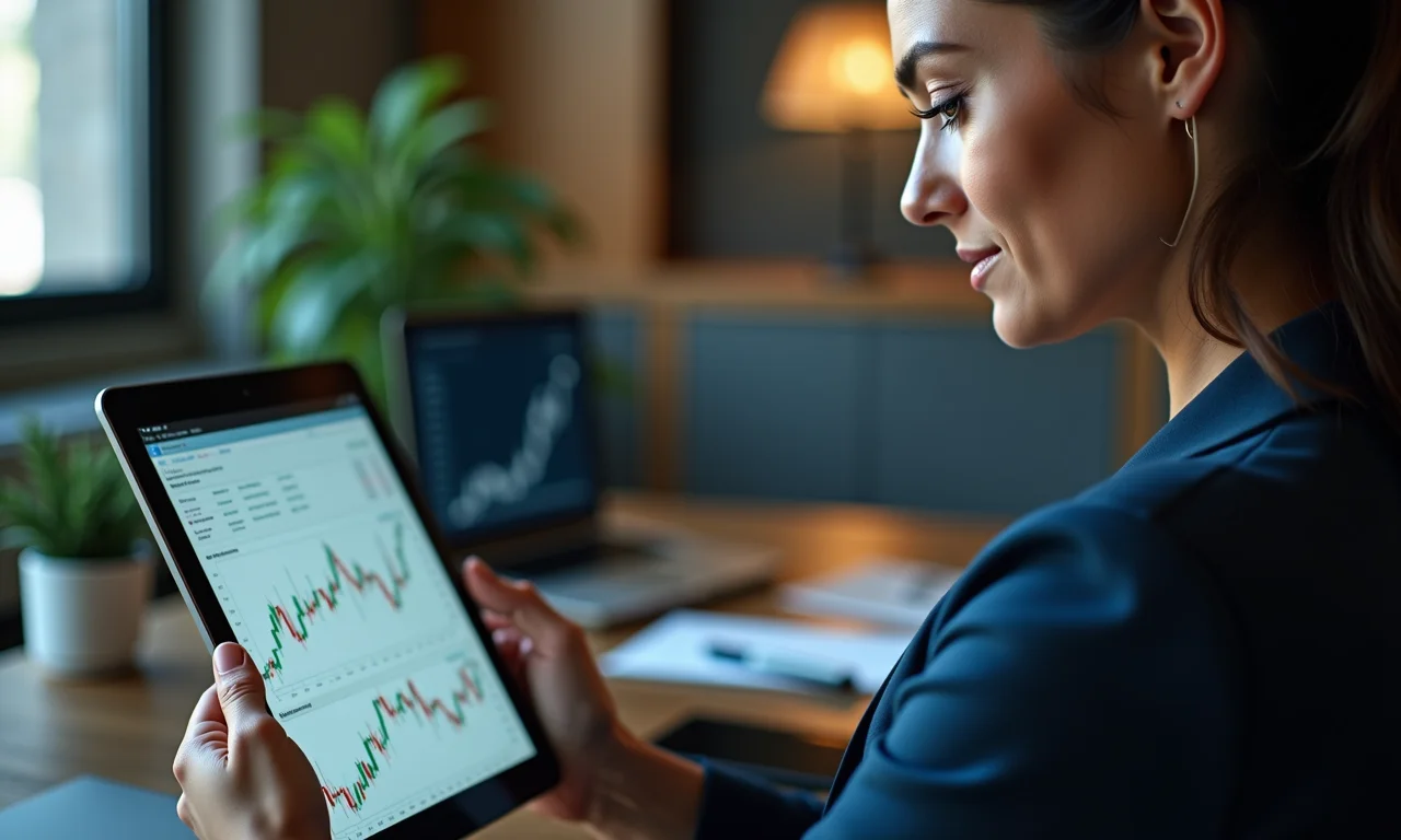Mulher analisando dados do mercado de urânio em um tablet.