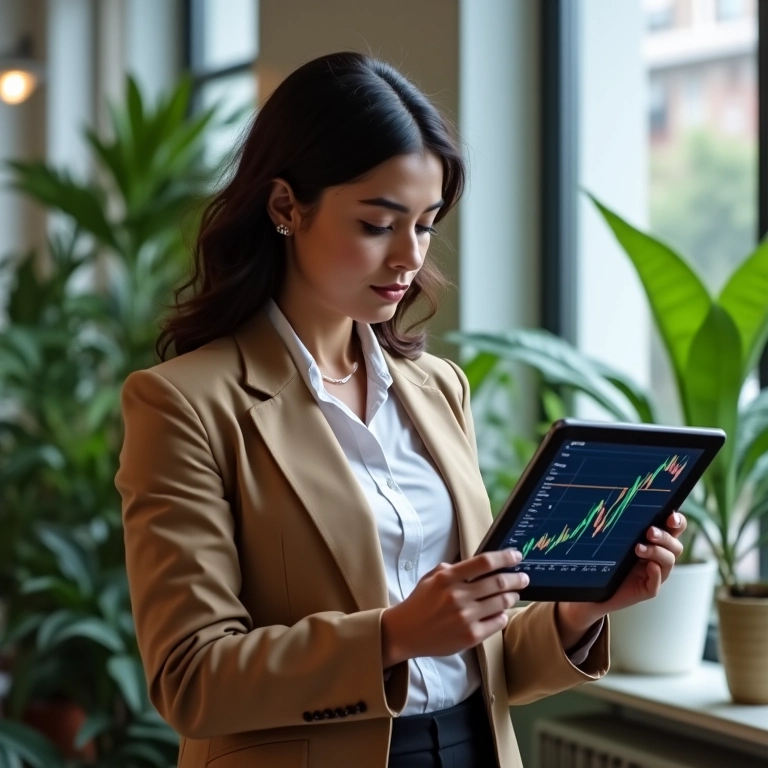 Mulher analisando indicadores financeiros em tablet.