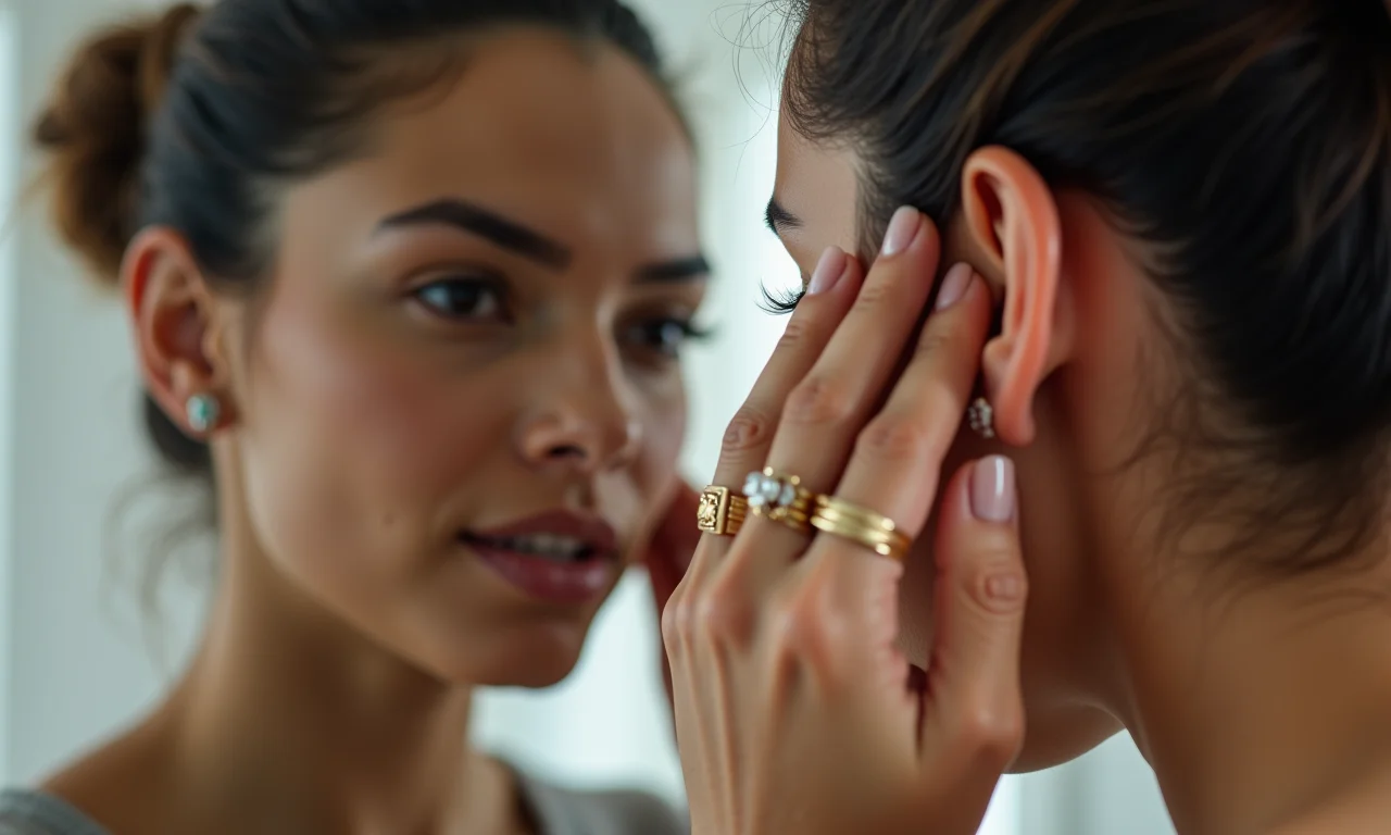 Mulher analisando o formato da orelha para escolher o ear cuff ideal.
