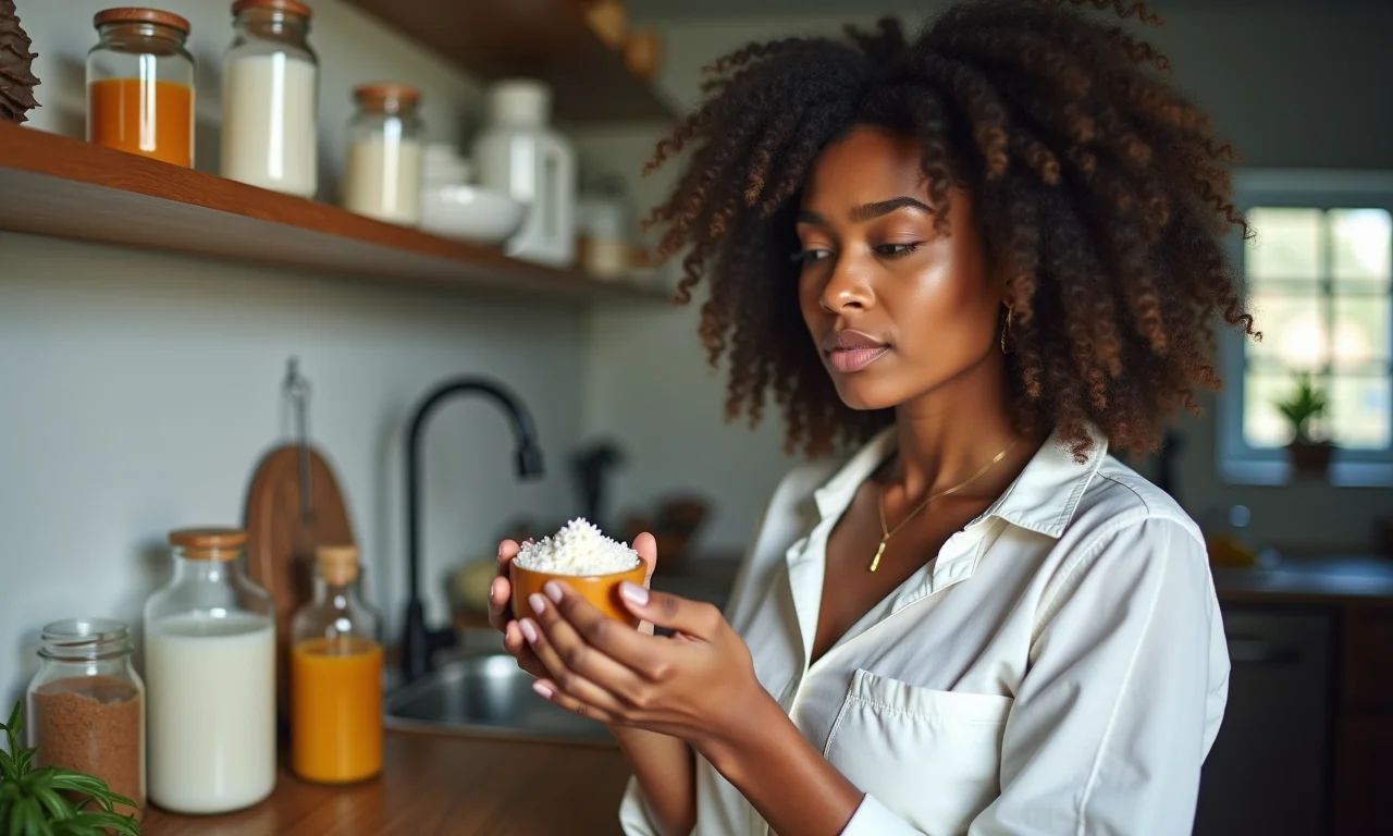 Mulher analisando opções de adoçantes na cozinha.