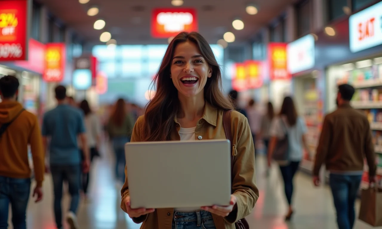 Mulher animada com notebook na Black Friday.