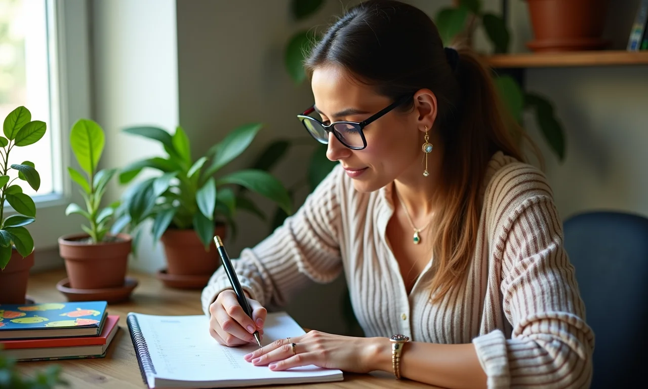 Mulher anota metas financeiras em planner colorido, cercada por decoração brasileira.