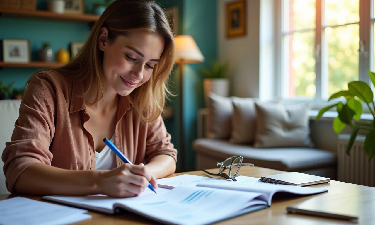 Mulher anotando plano de orçamento em um caderno em um apartamento colorido e aconchegante.
