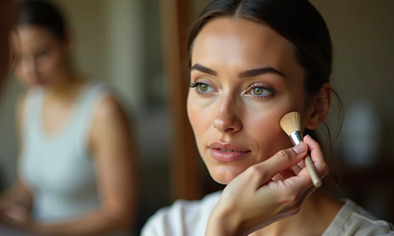 Mulher aplicando base de cobertura média a alta com um pincel, demonstrando uniformidade da pele.