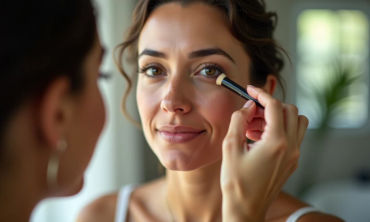 Mulher aplicando corretivo para cobrir manchas de sol, com foco na técnica de aplicação e mistura.