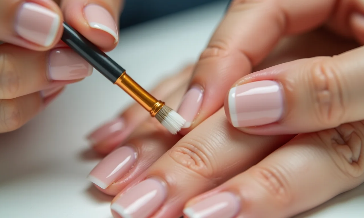 Mulher aplicando fortalecedor de unhas com pincel. Close-up do produto.