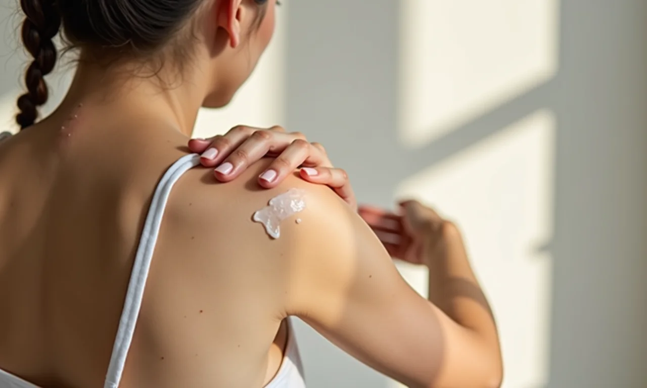 Mulher aplicando loção leve no braço, rápida absorção.