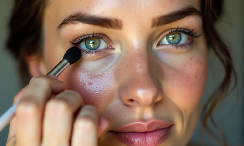 Mulher aplicando maquiagem para cobrir manchas solares no rosto, mostrando o antes e depois.