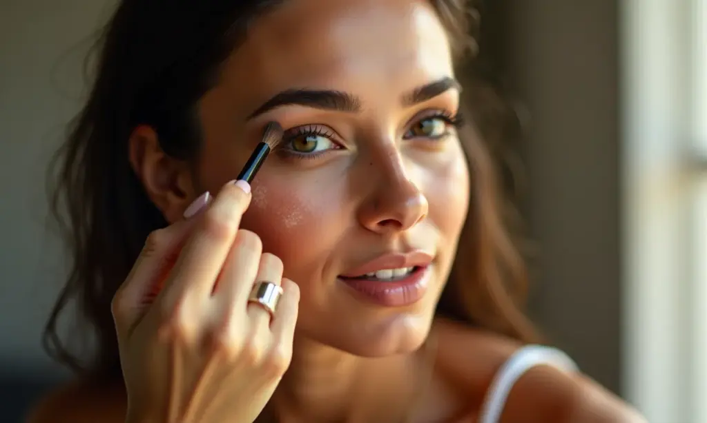 Make Para Pele com Manchas de Sol: Como Cobrir Mulher aplicando maquiagem para cobrir manchas solares no rosto.